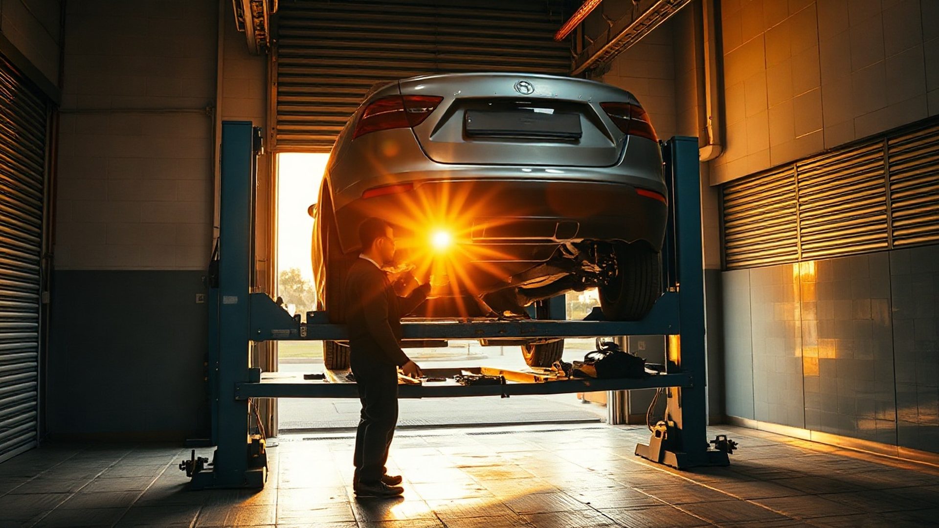 Car raised on a hydraulic ramp inside the Travelpathz workshop in Málaga